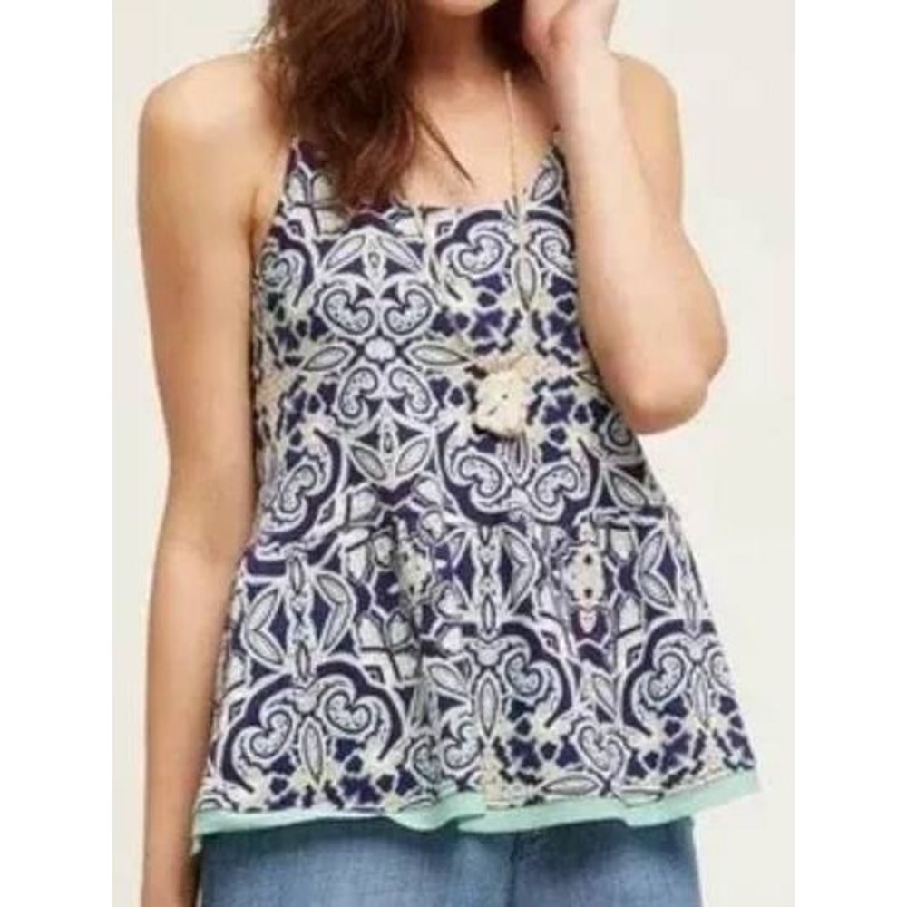Anthropologie Meadow Rue Navy Paisley Floral Peplum Hem Tank Blouse Size Small